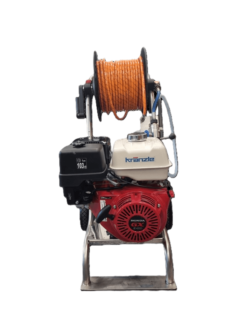 Front view of a compact drain cleaning machine with gasoline engine and hose reel.
