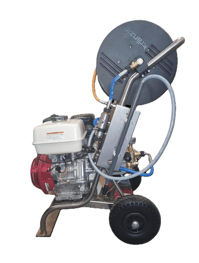 Portable drain cleaning machine with engine and hose reel isolated on a white background.